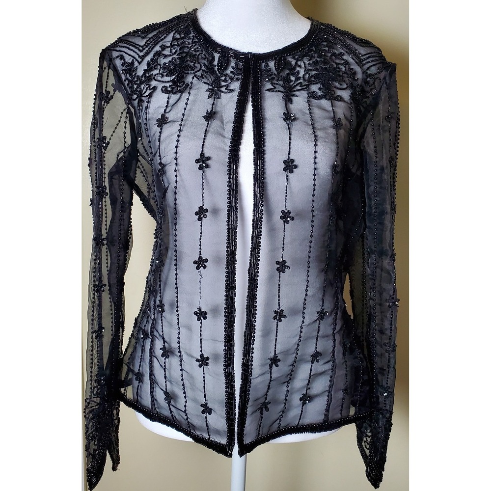 FLAWED Vintage Black Laurence‎ Kazar Paris New York Sheer Beaded Jacket Small